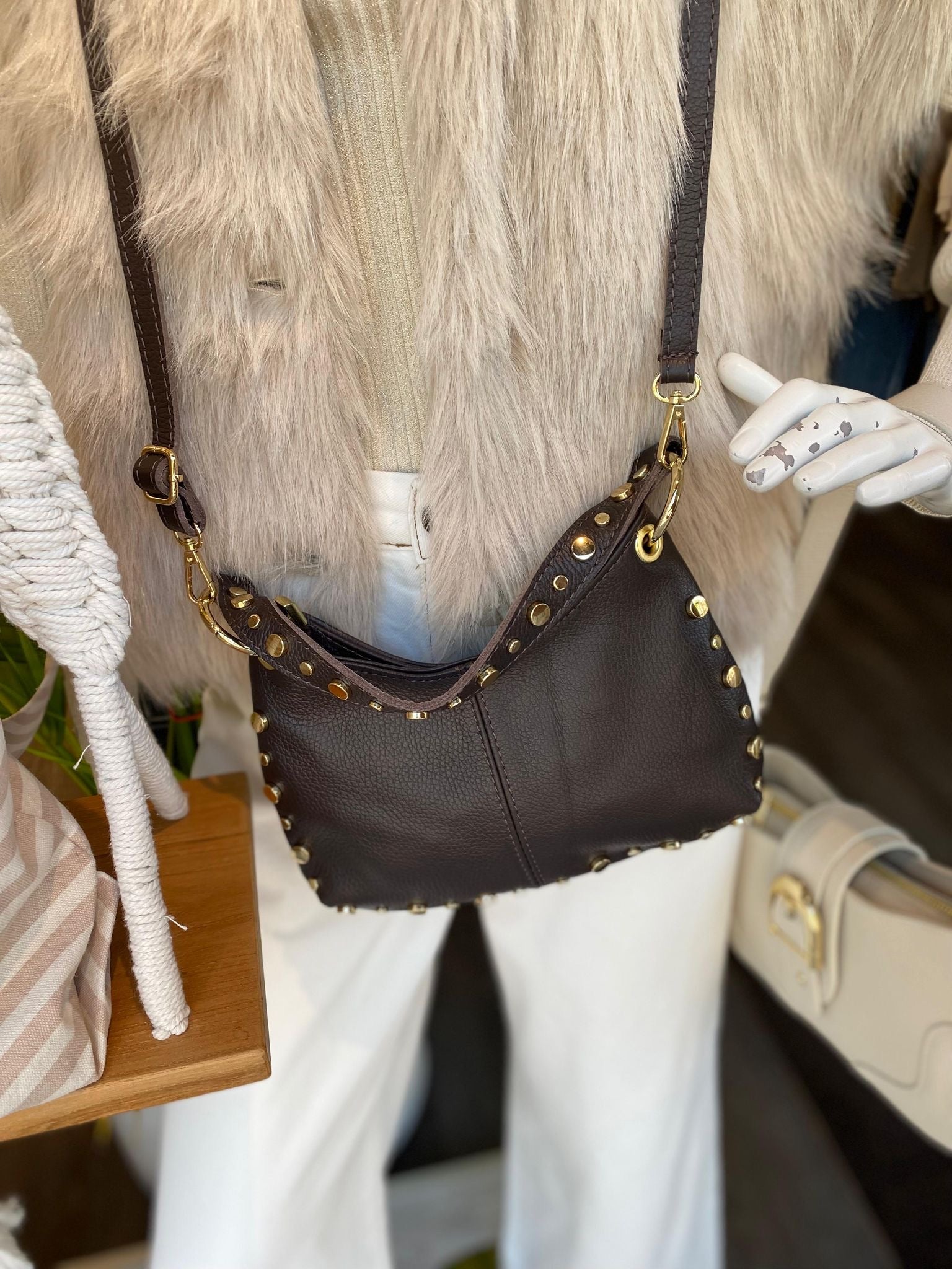 Crossbody Tas Leer Dark Brown/Goud T226