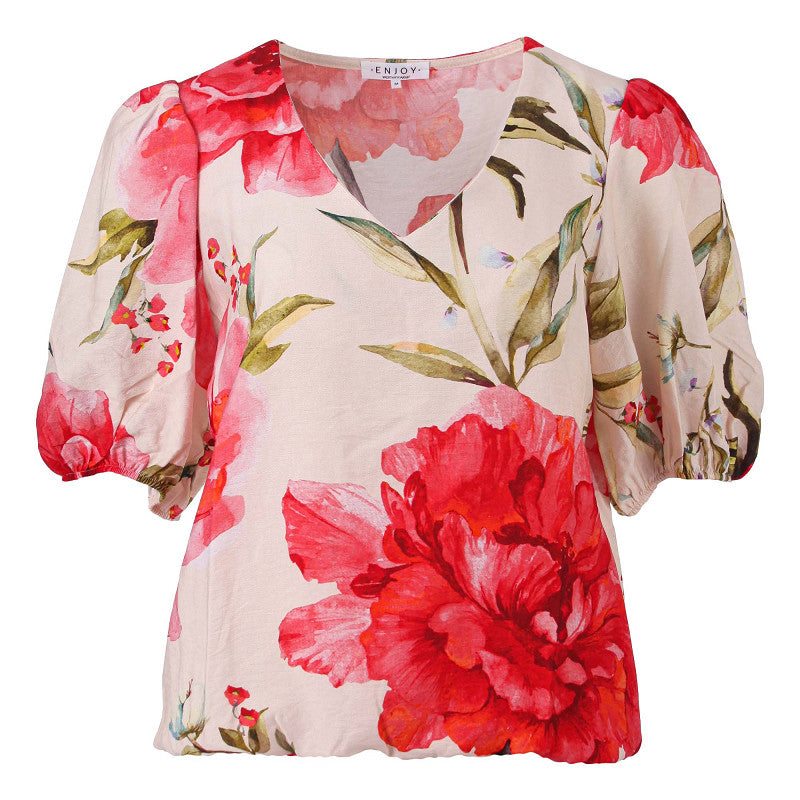 Enjoy Blouson Korte Pofmouw Bloemprint 127633 Rood