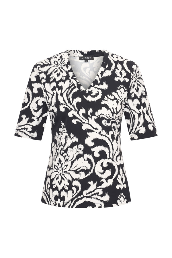 Mi Piace Travelstof Top V-Hals zwart offwhite ornament print 202271