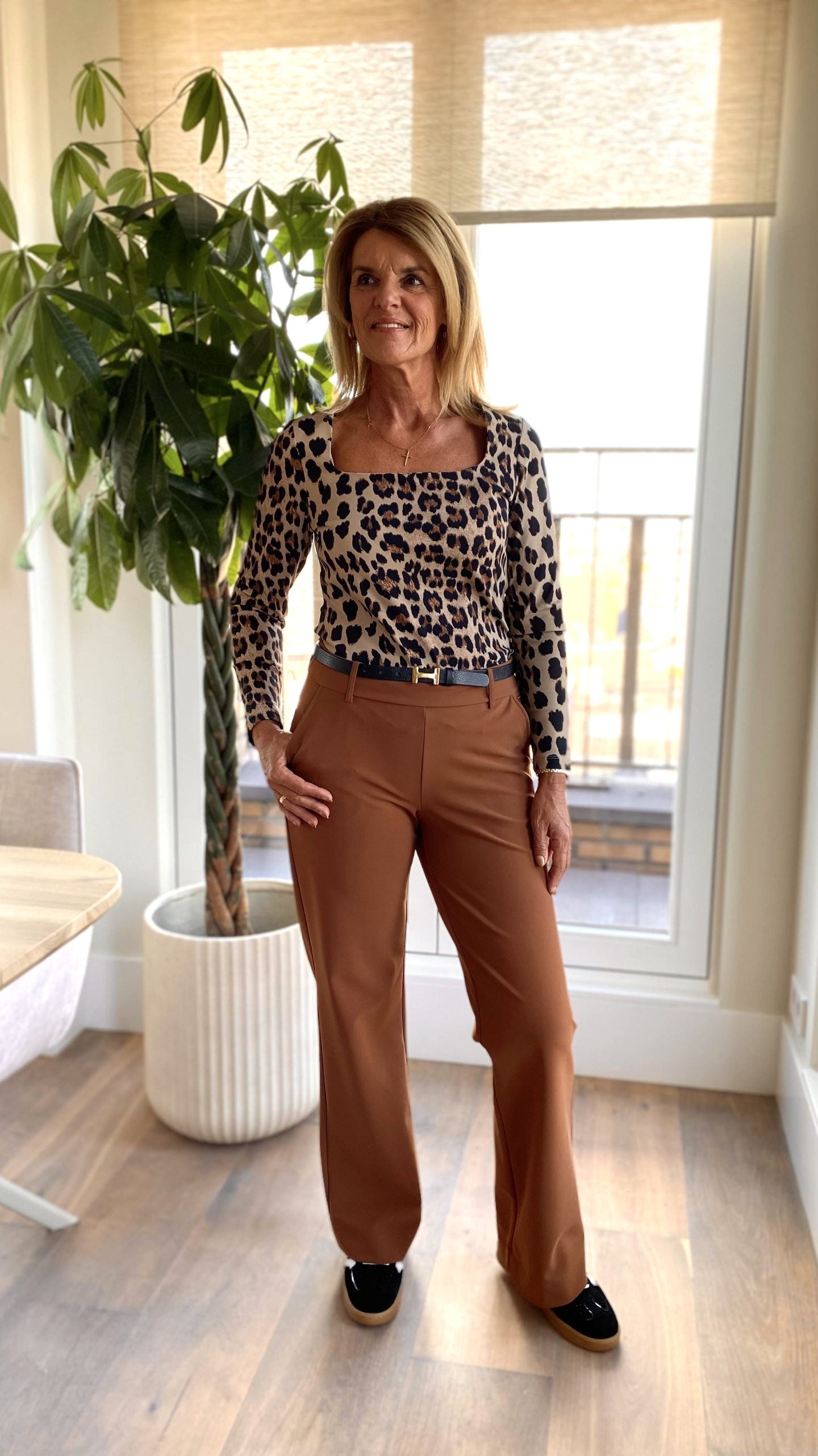 Mi Piace Travelstof Top Vierkante Hals 202608 leopard print latte