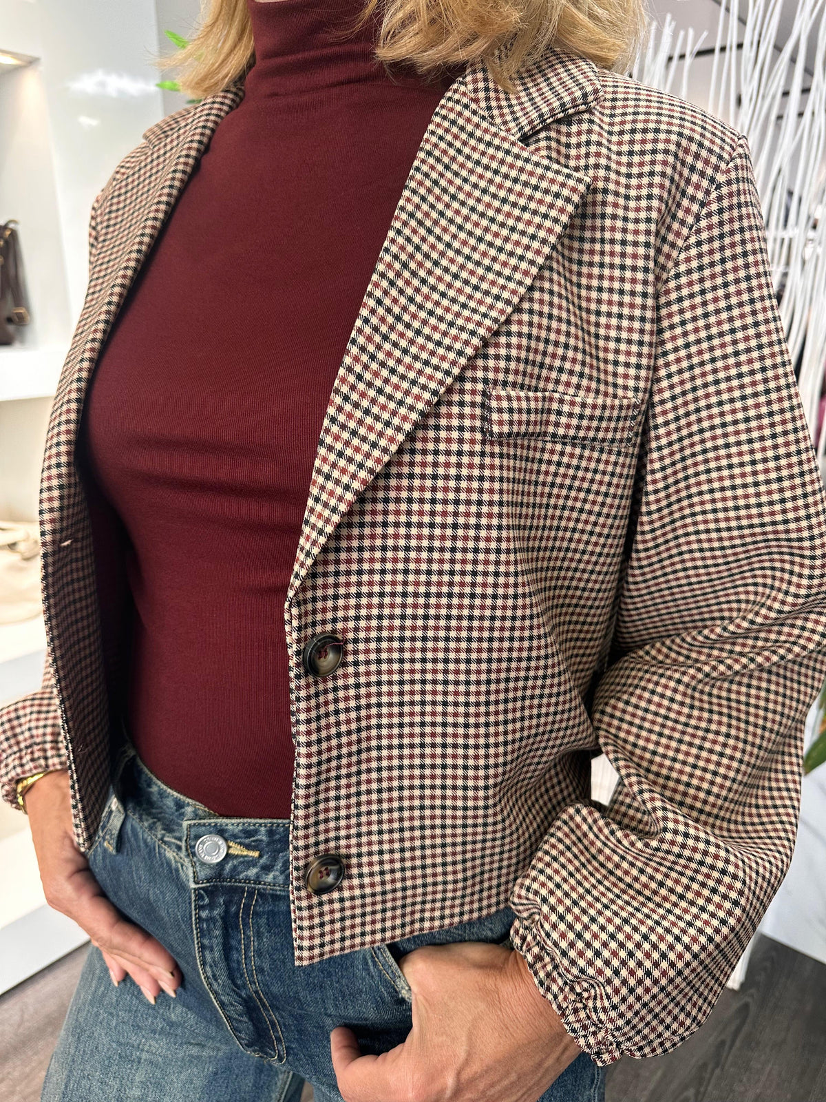Chastar Cropped Blazer Lichtbruin Geruit