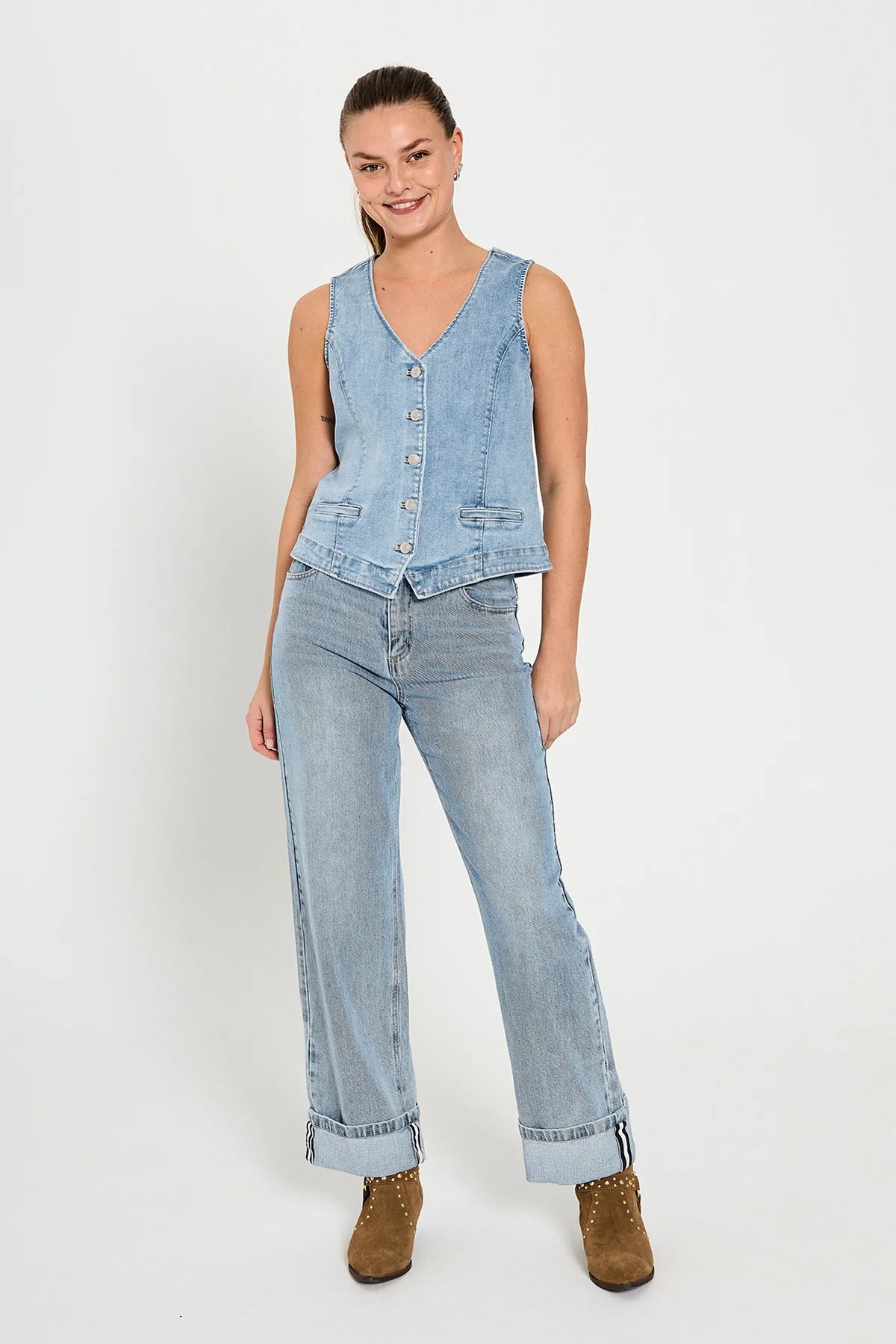 Freequent Midde Turn Up Jeans L32 light blue denim