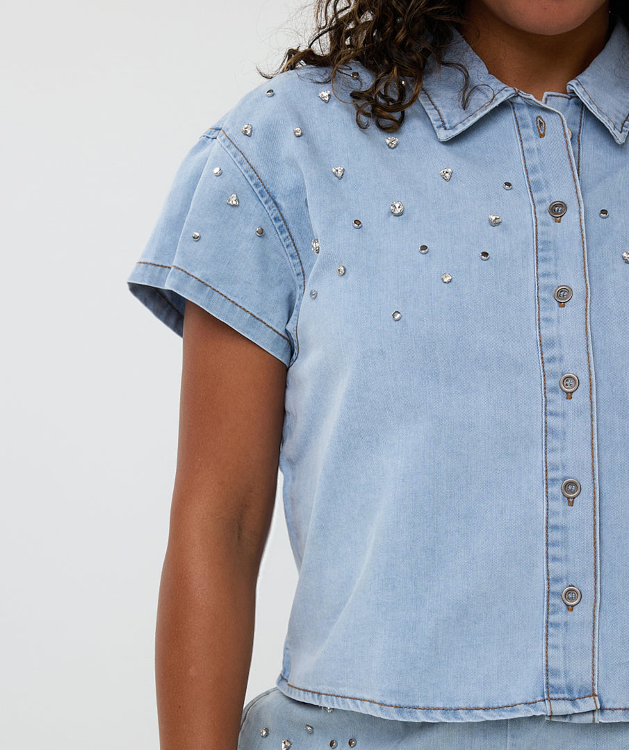 Esqualo Cropped Denim Blouse Embellished HS25.12202 jeans blue