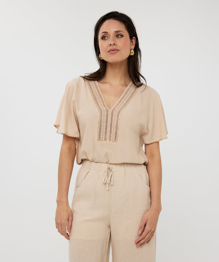 Esqualo Top Embellished HS25.14213 zand