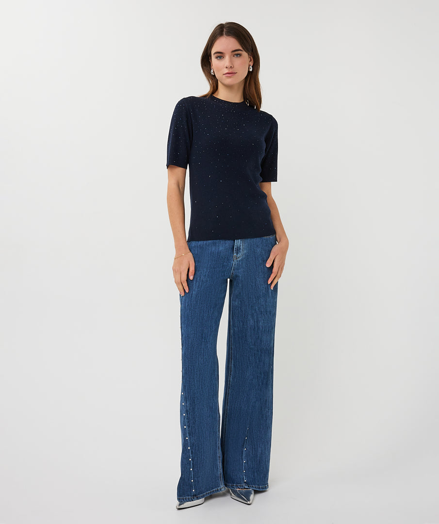 Esqualo Top Rib Short Sleeve Sequins SP26.02034 navy