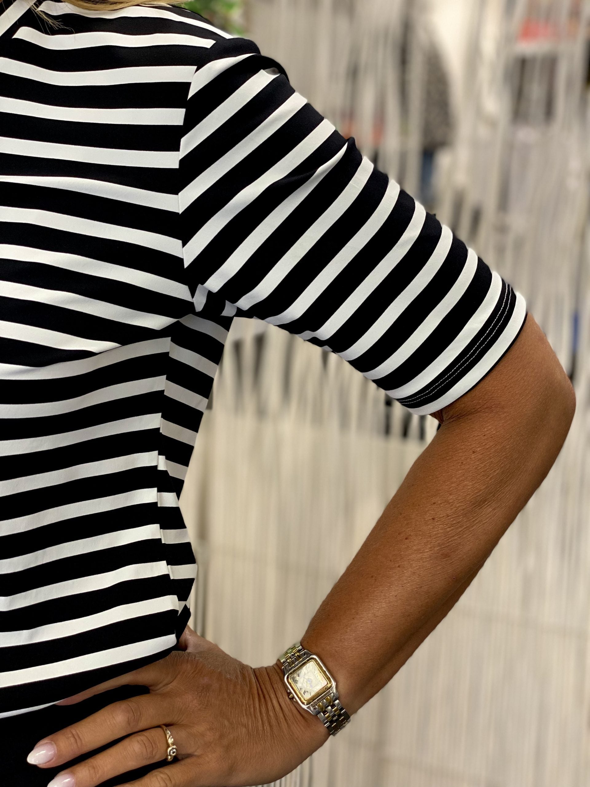 Mi Piace Travelstof Top V-Hals zwart offwhite stripe 202271