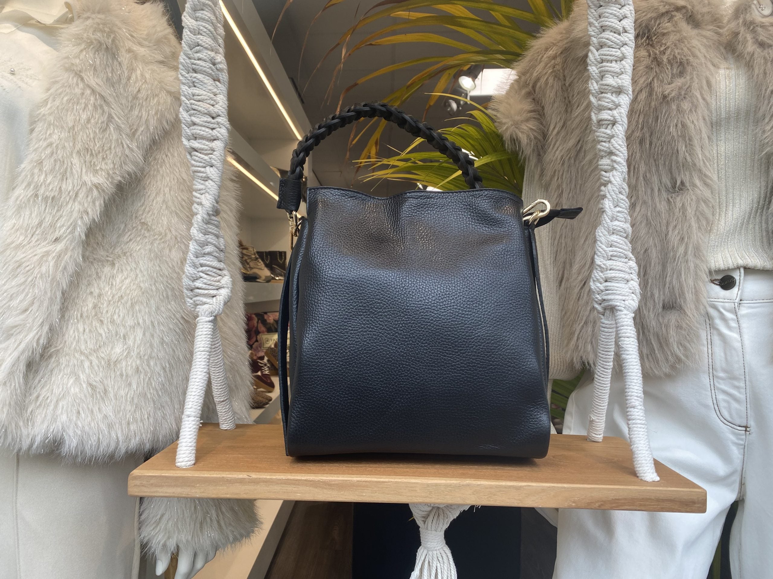 Schoudertas Leer Vlecht Zwart T322