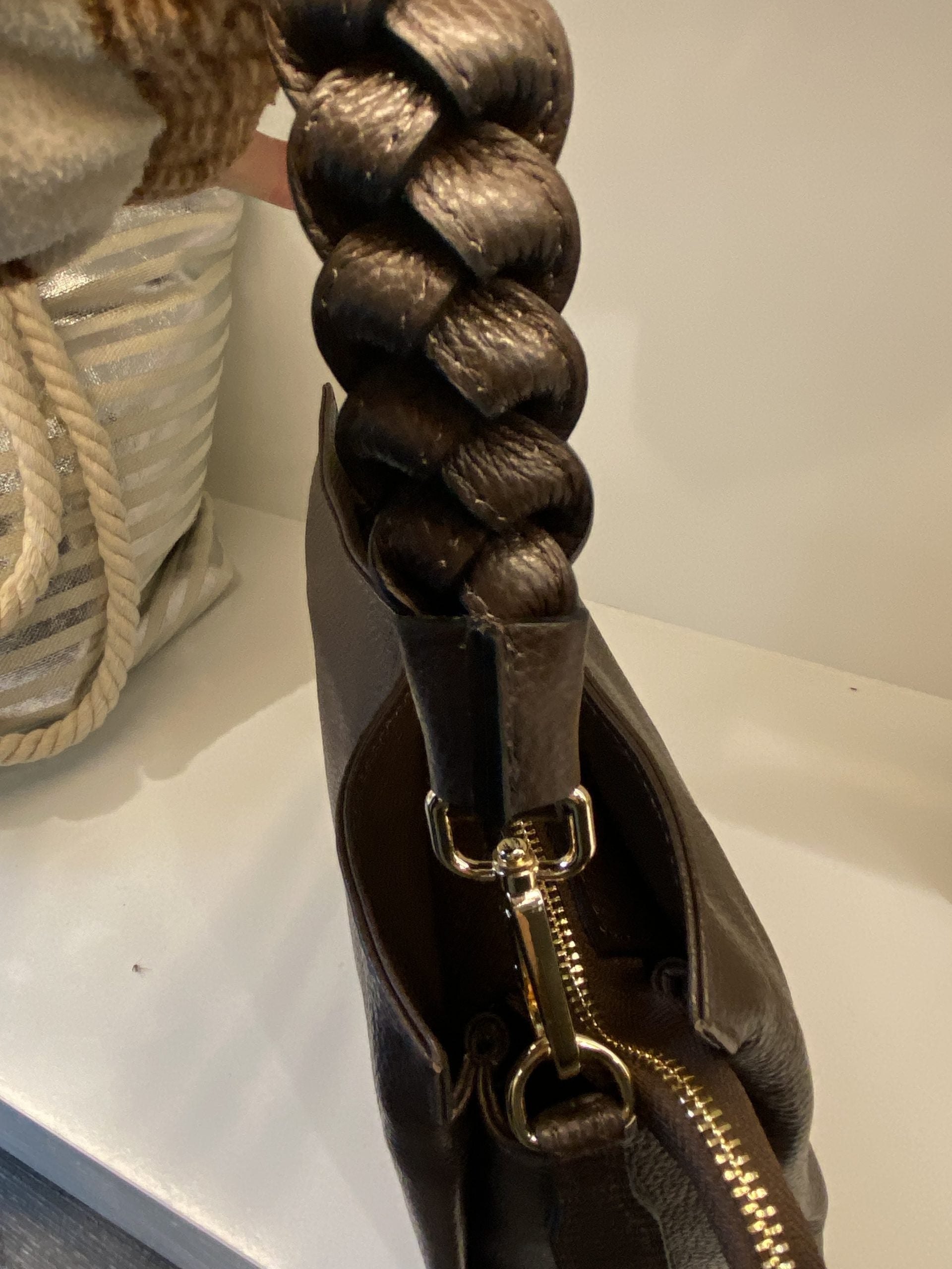 Schoudertas Leer Vlecht Dark Brown T322