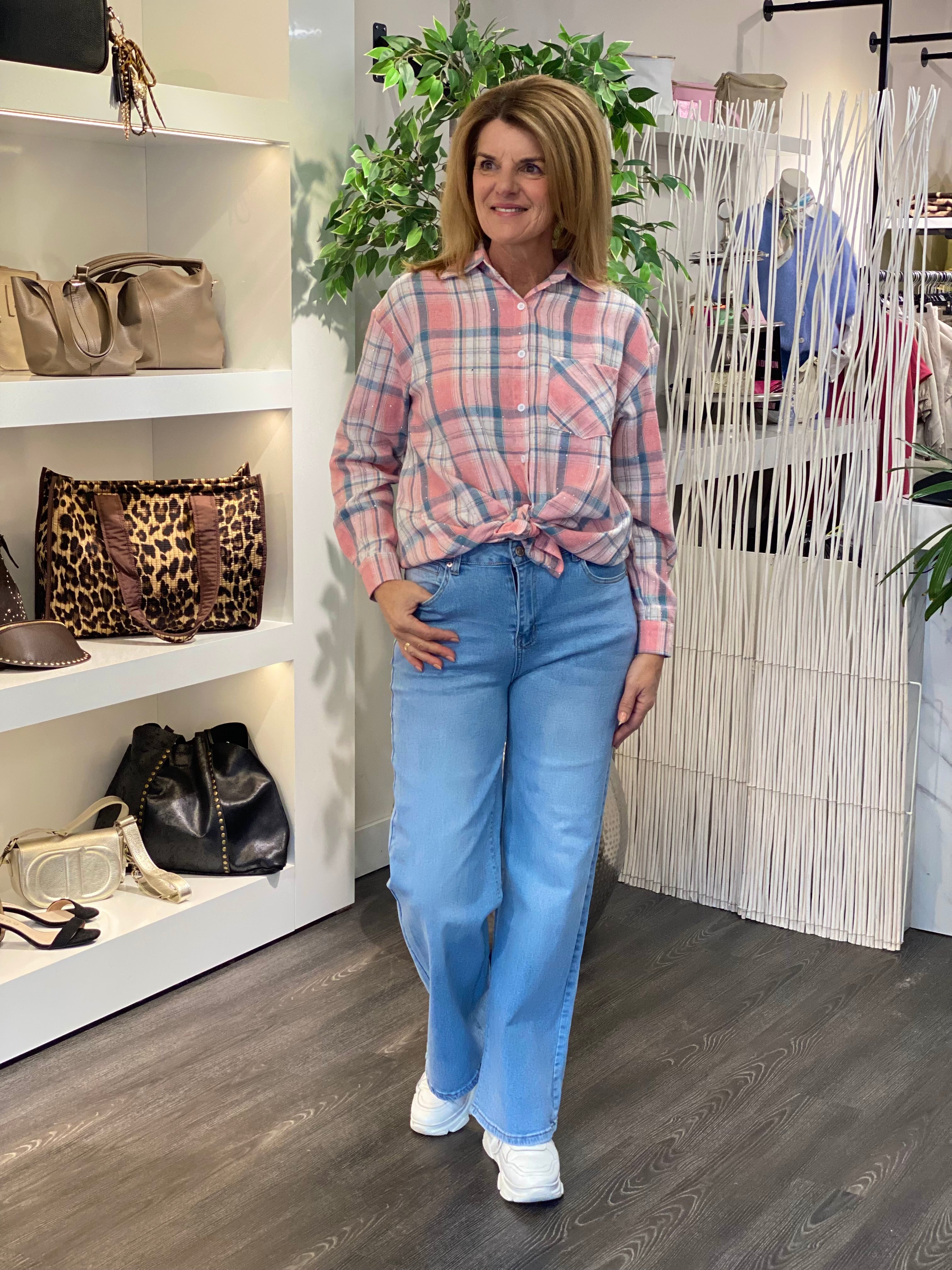 Flamant Rose Geruite Blouse EN130 roze lichtblauw