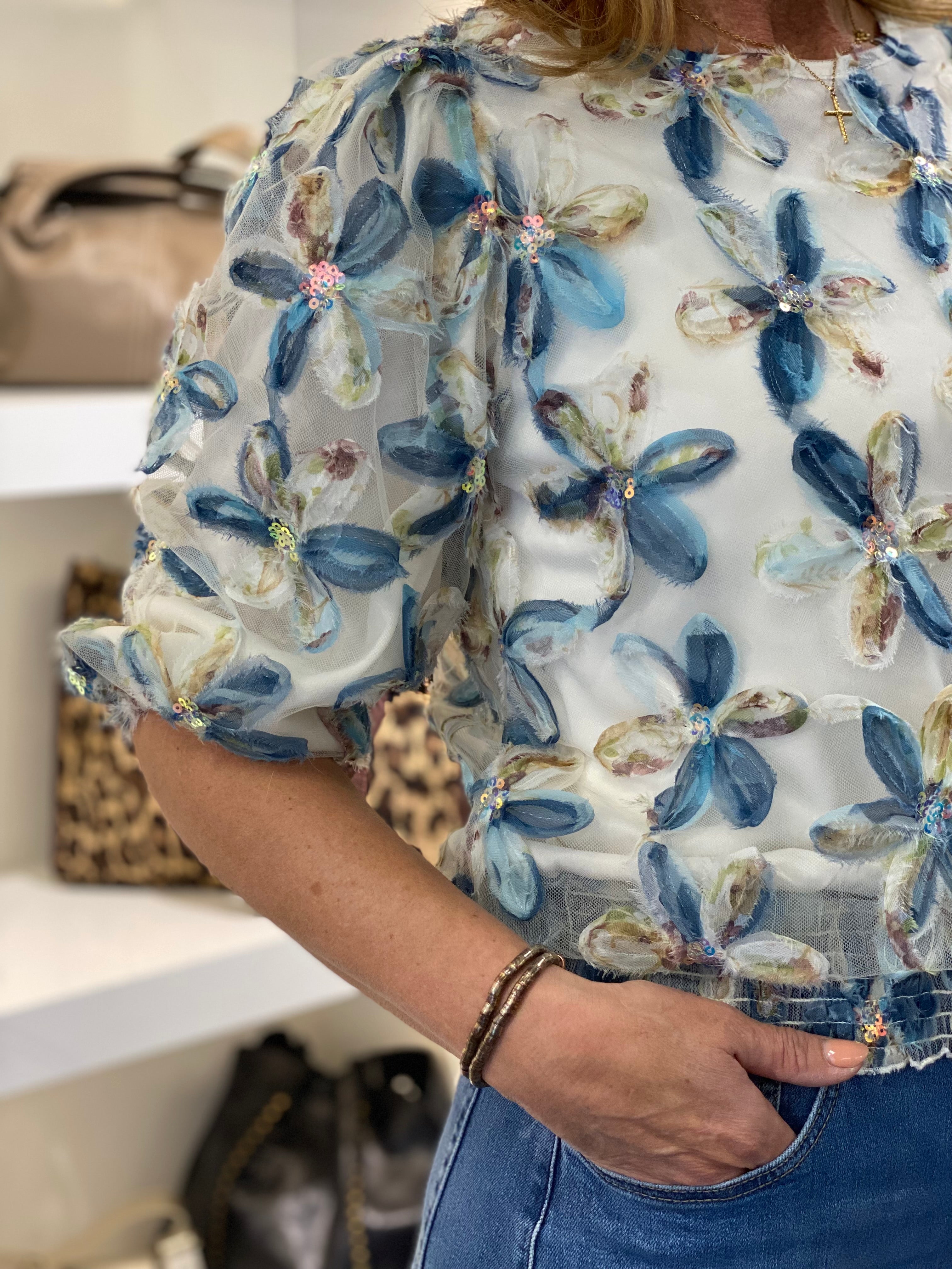 NED Lucea 3/4 Dusty Blue Top 3D Festival Flower Mesh dusty blue