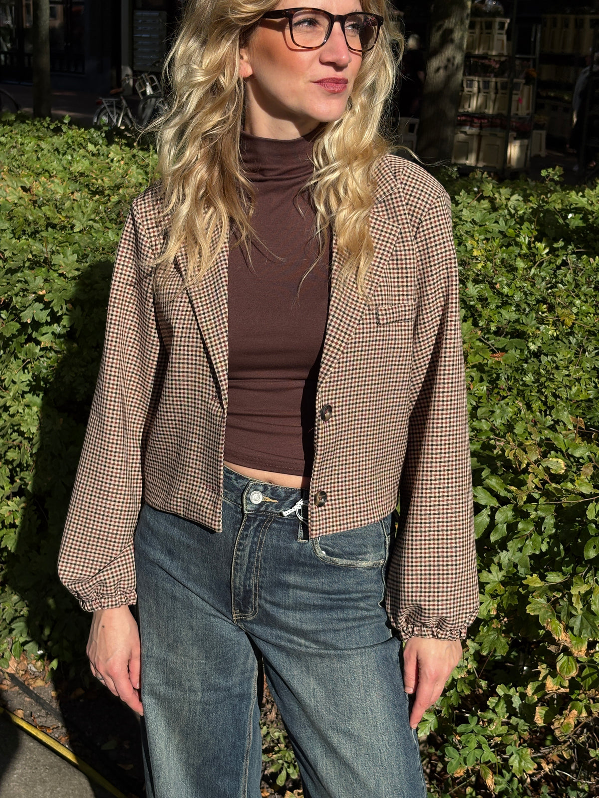 Chastar Cropped Blazer Lichtbruin Geruit