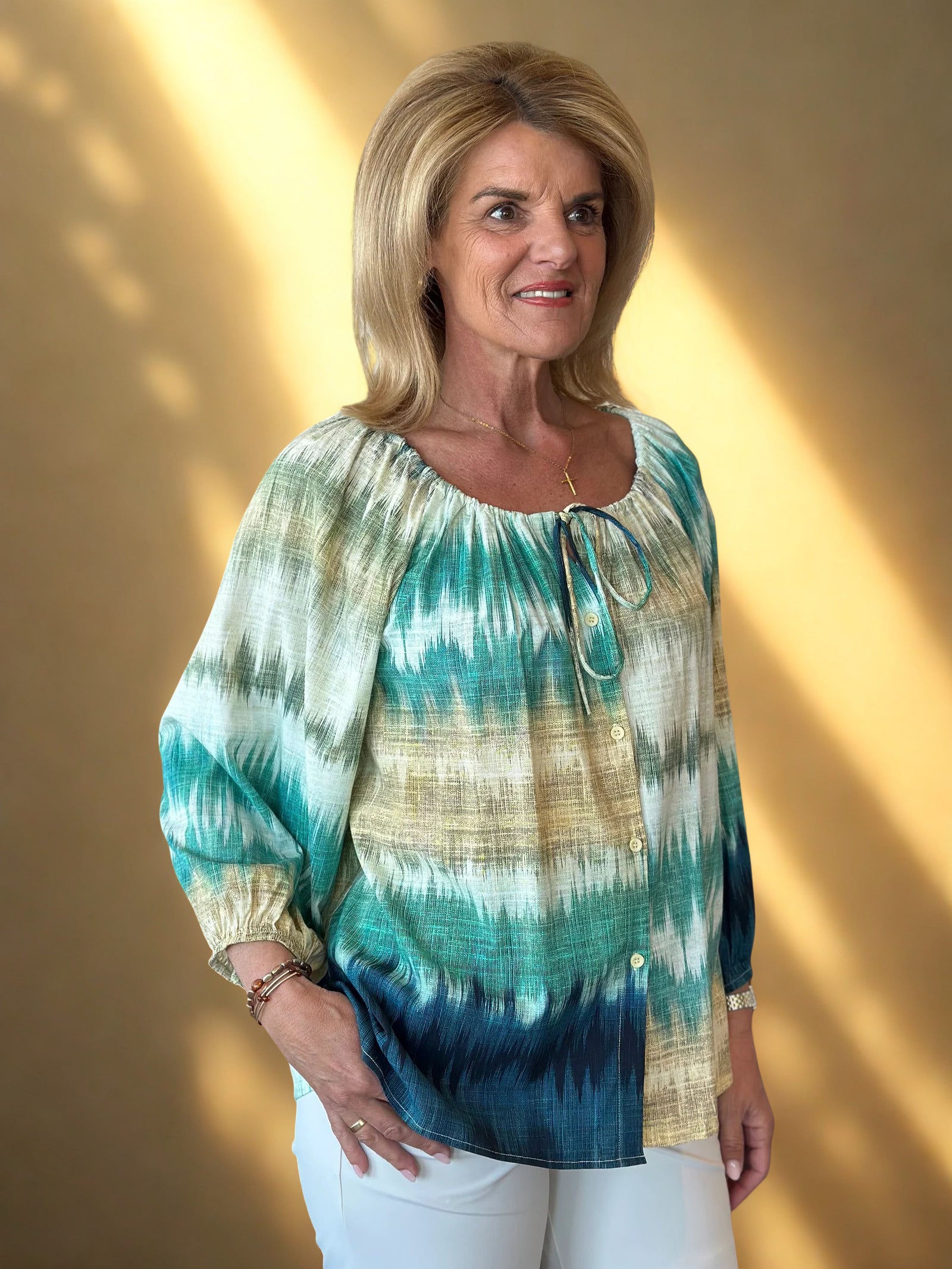 Mi Piace Travel Top 202846 woven ikat stripe print pistachio