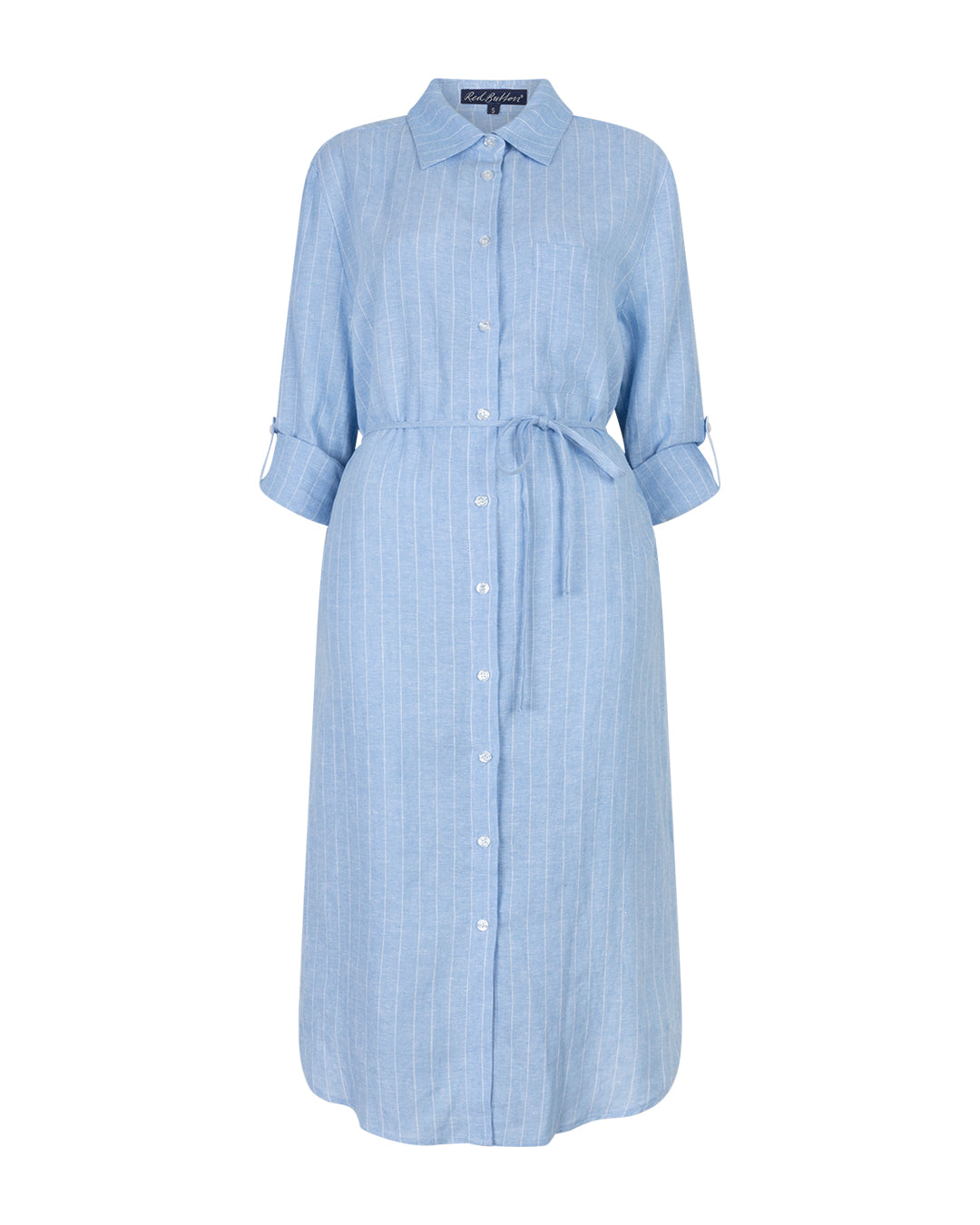 Red Button Shirtdress Jurk Linen/Visco Pinstripe light blue
