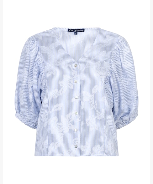 Red Button Blouse Balloonsleeve Stripe & Flower blue