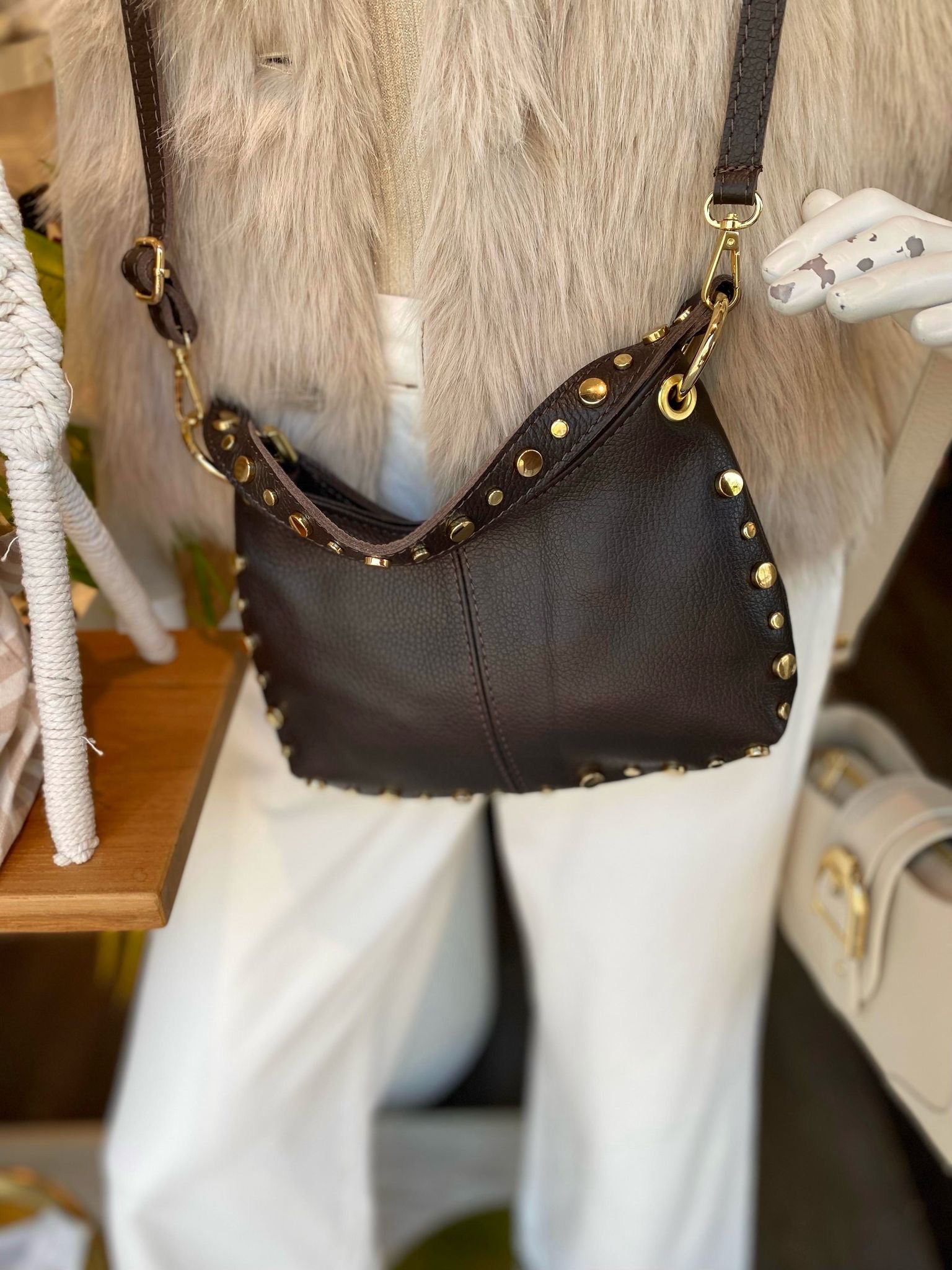 Crossbody Tas Leer Dark Brown/Goud T226