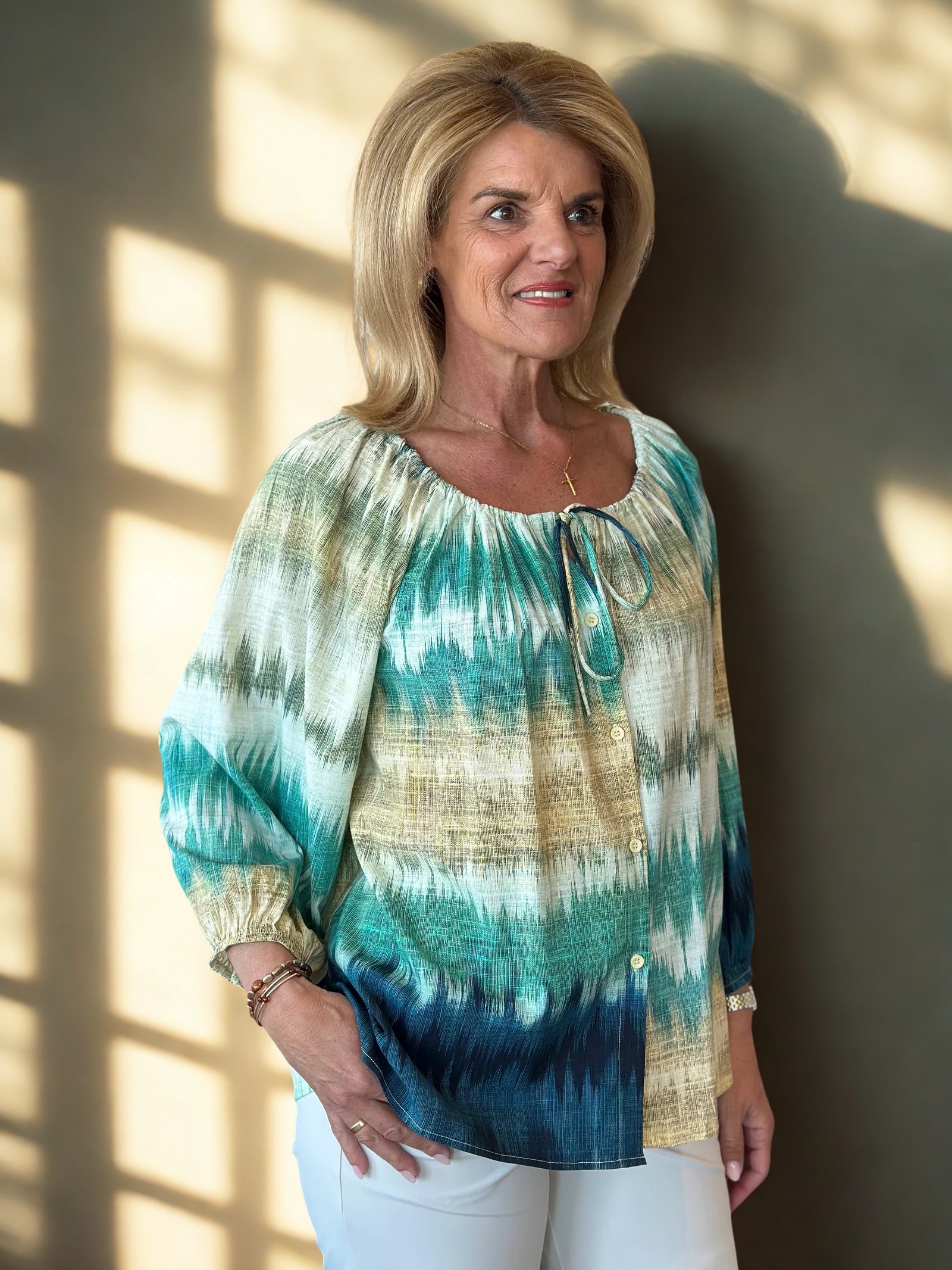 Mi Piace Travel Top 202846 woven ikat stripe print pistachio