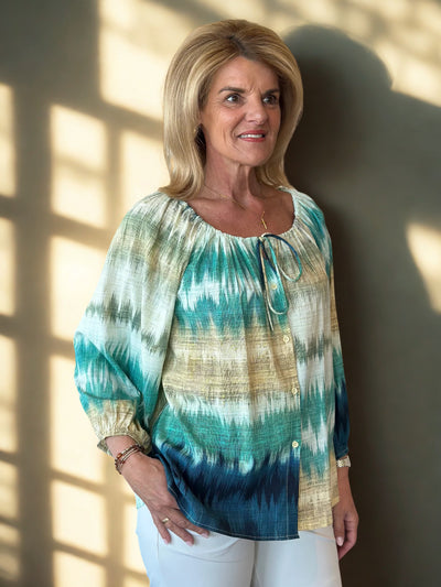 Mi Piace Travel Top 202846 woven ikat stripe print pistachio