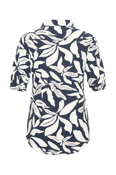 Mi Piace Travelstof Blouse Korte Mouw donkerblauw offwhite flower print 202270
