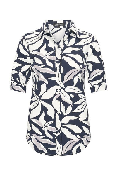 Mi Piace Travelstof Blouse Korte Mouw donkerblauw offwhite flower print 202270