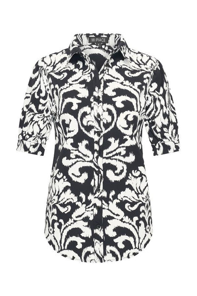 Mi Piace Travelstof Blouse Korte Mouw zwart offwhite ornament print 202270