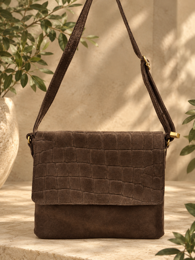 Sasha Schoudertas Suede Croco T428 dark brown