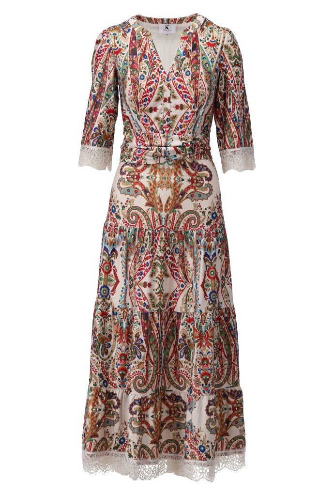 K-Design Maxi Jurk met Design en Kant C301 P095 multicolor