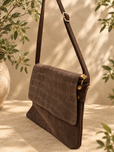 Sasha Schoudertas Suede Croco T428 dark brown