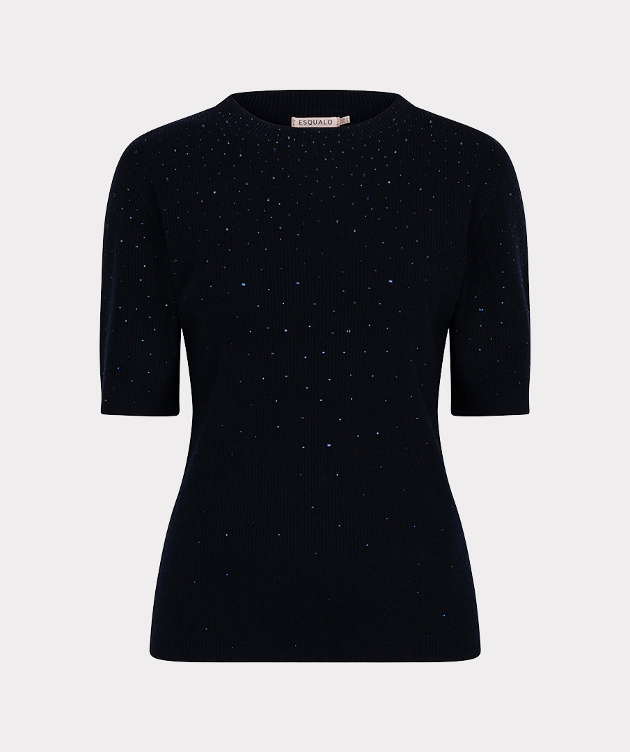 Esqualo Top Rib Short Sleeve Sequins SP26.02034 navy
