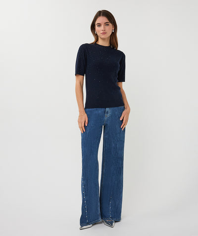 Esqualo Top Rib Short Sleeve Sequins SP26.02034 navy