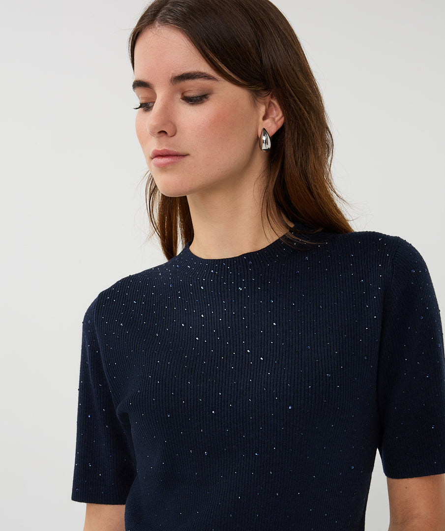 Esqualo Top Rib Short Sleeve Sequins SP26.02034 navy