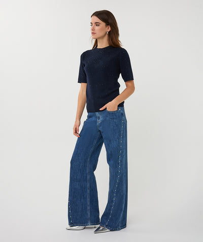 Esqualo Top Rib Short Sleeve Sequins SP26.02034 navy