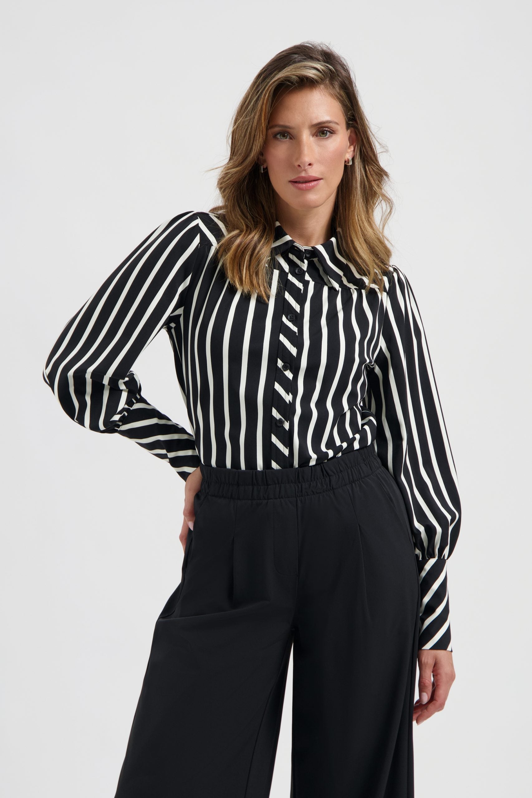 Lady Day Travelstof Bente Blouse black / wool white stripe