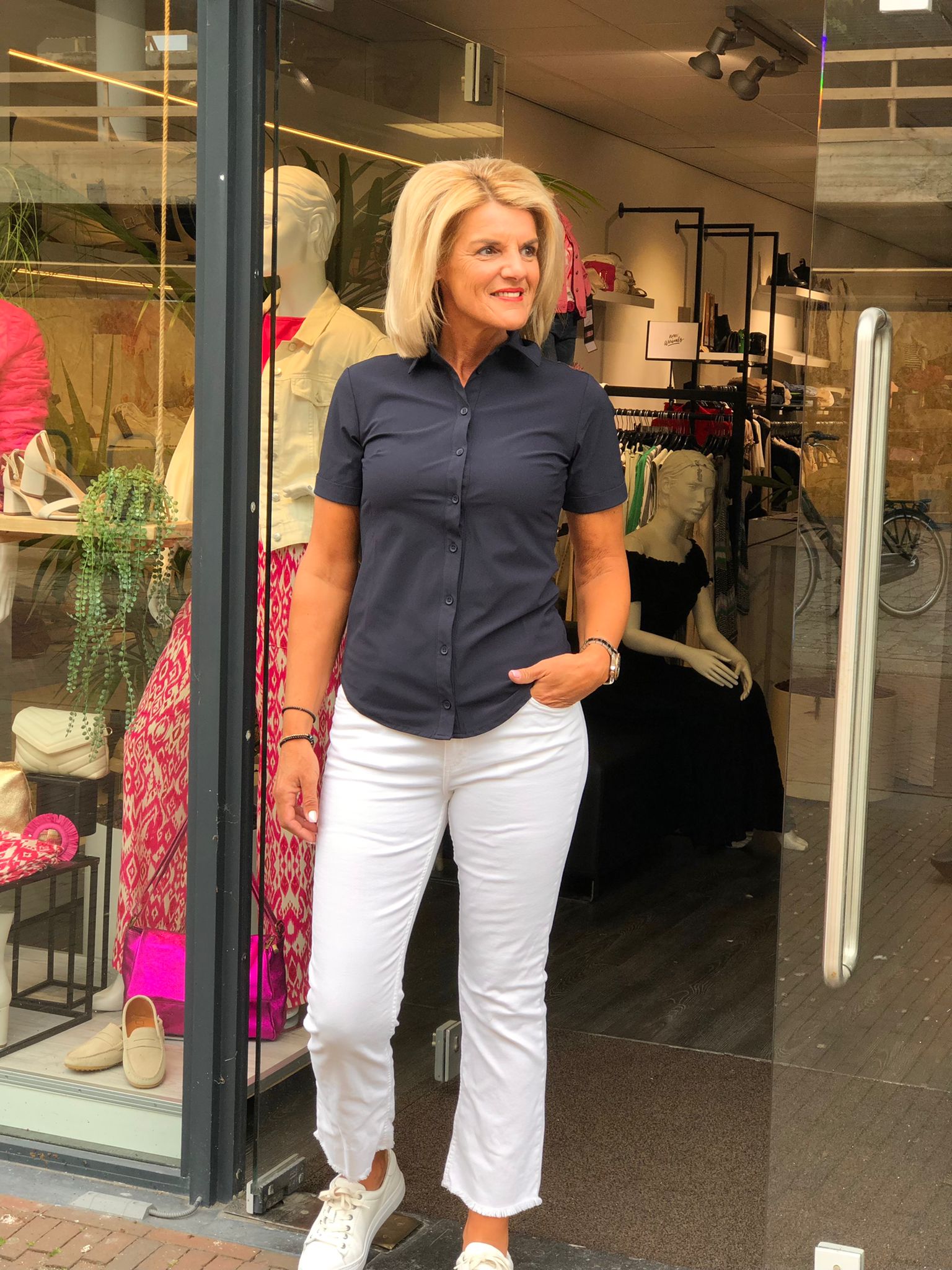 Mi Piace Travelstof Blouse Korte Mouw donkerblauw 202031