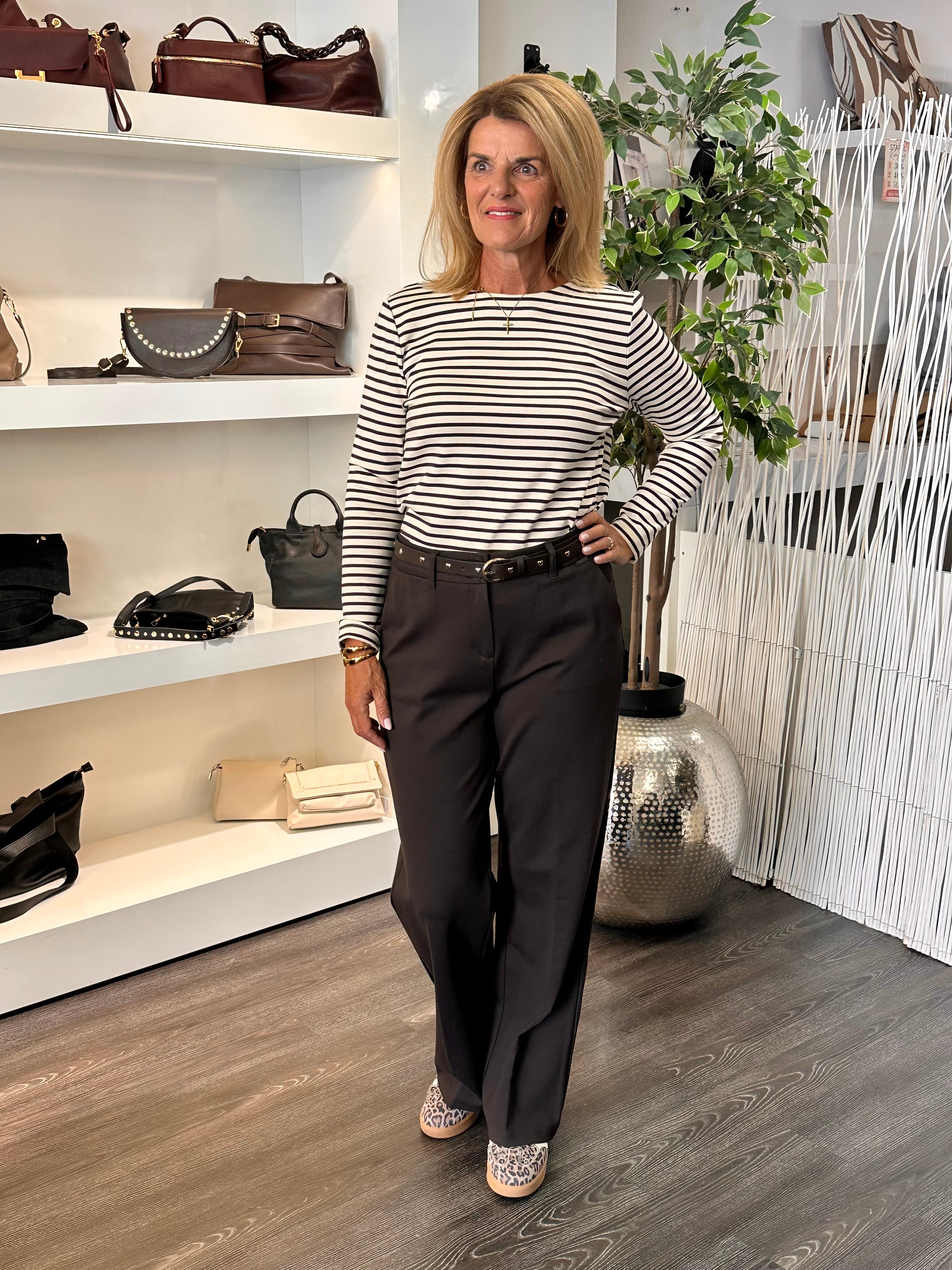 Red Button Terry Stripe Top creme/espresso