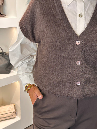 Red Button Sleeveless Fuzzy Vest espresso