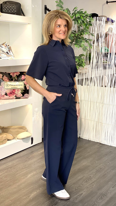 Mi Piace Travelstof Blouse Korte Mouw donkerblauw 202502