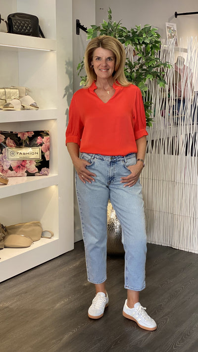 Chastar Top Viscose Satijn Pofmouw koraalrood