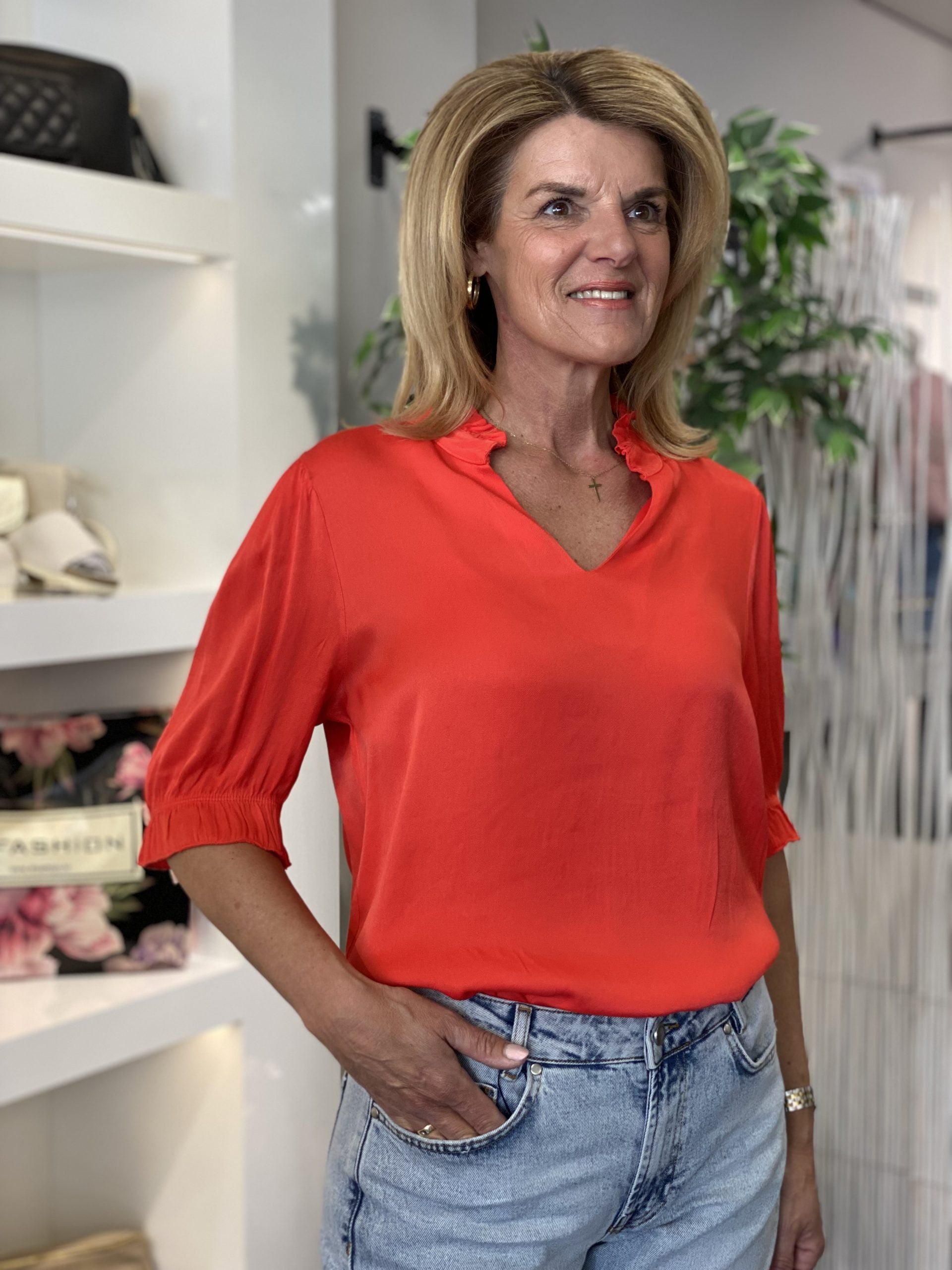 Chastar Top Viscose Satijn Pofmouw koraalrood