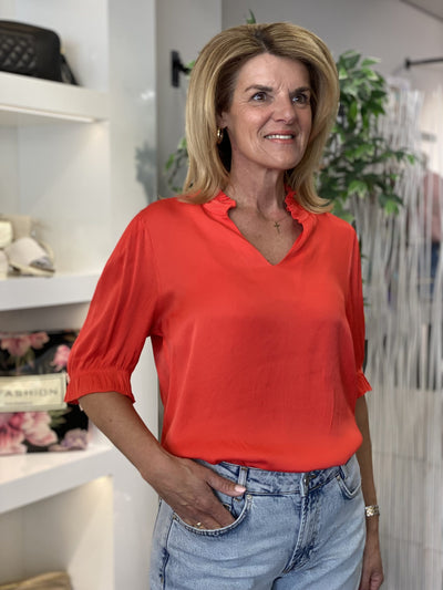 Chastar Top Viscose Satijn Pofmouw koraalrood