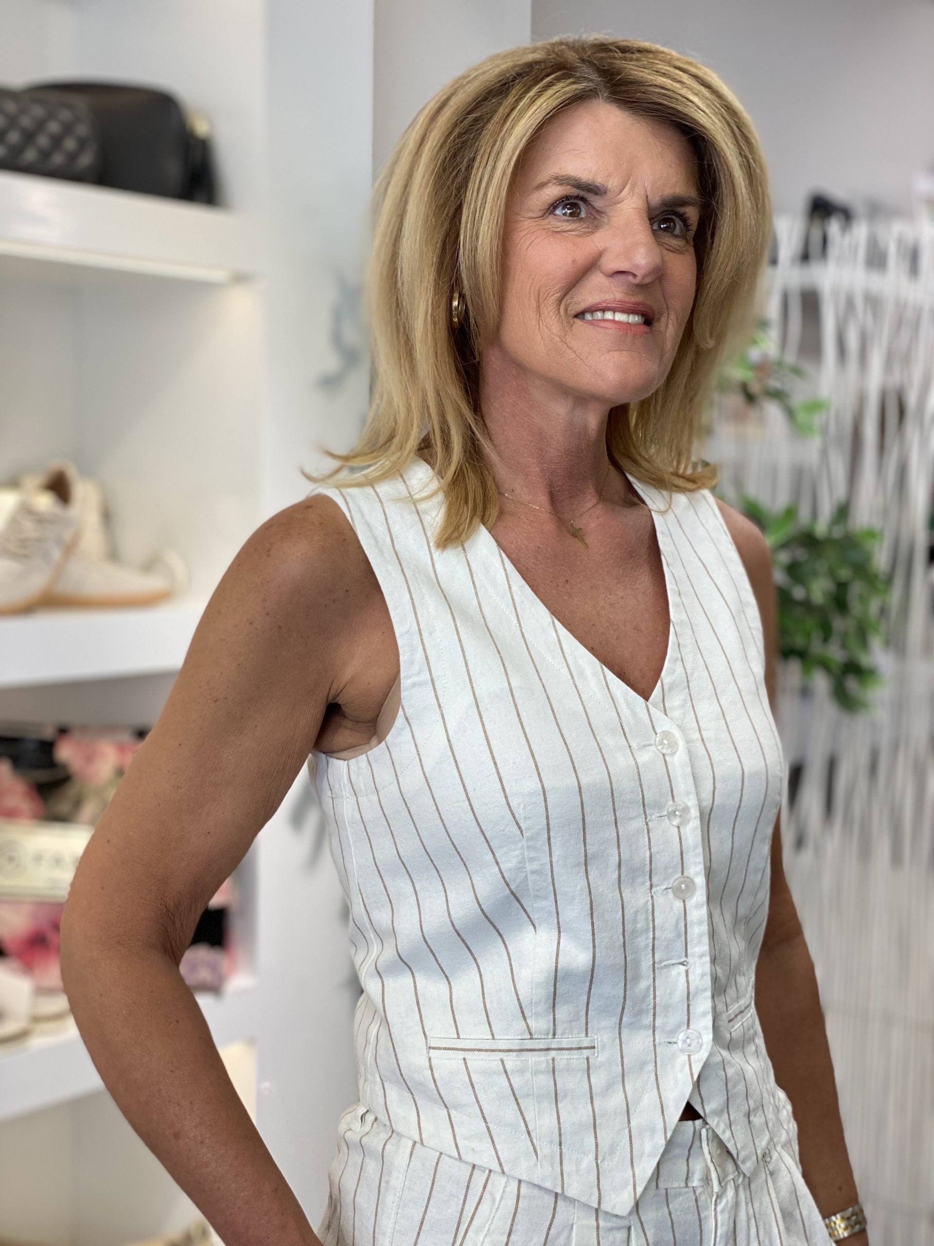 Red Button Gilet Cotton Linen Stripe dark sand