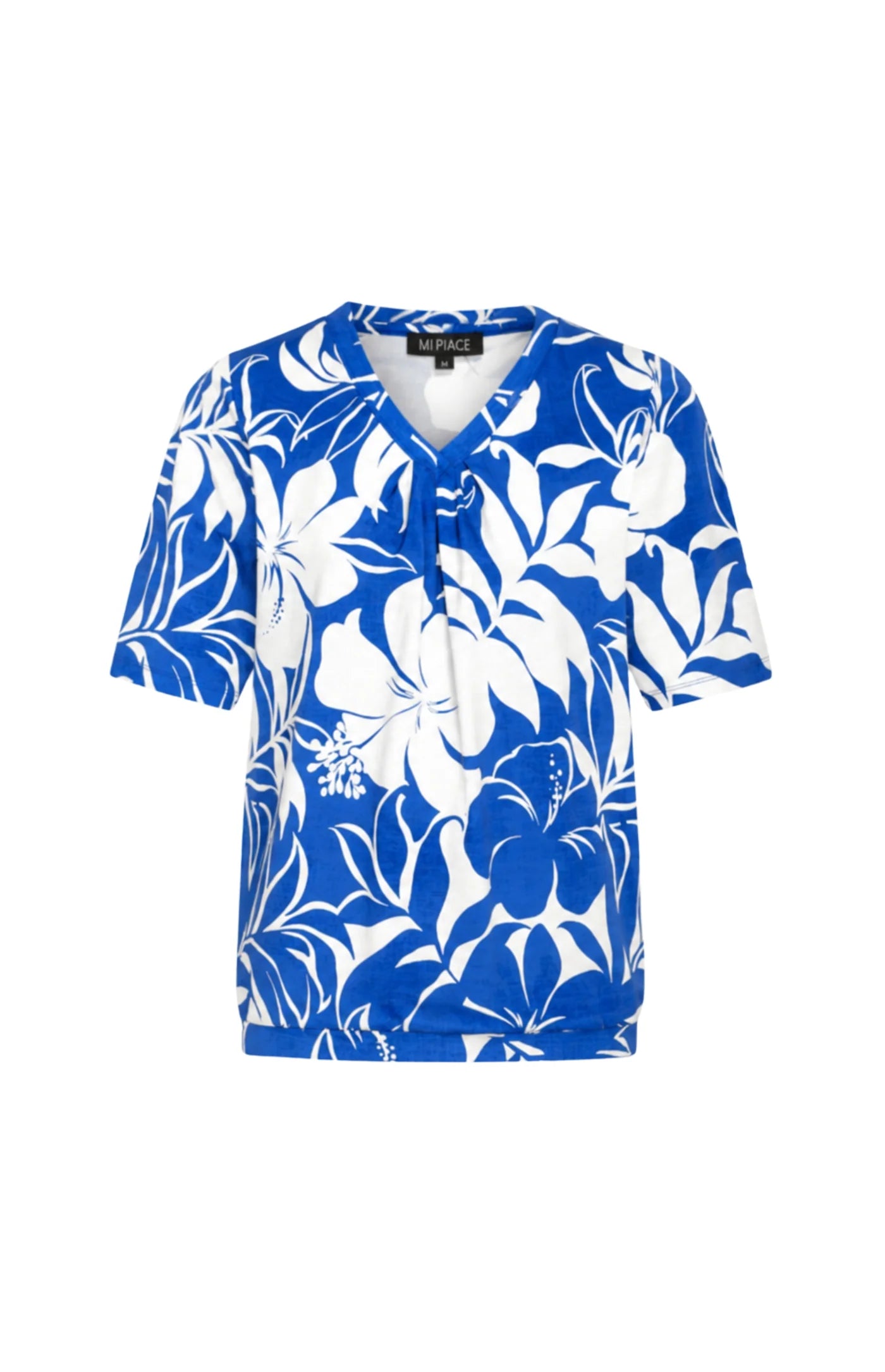 Mi Piace Travel Shirt Pleated 202815 short sl tropical hibiscus print nautic bleu