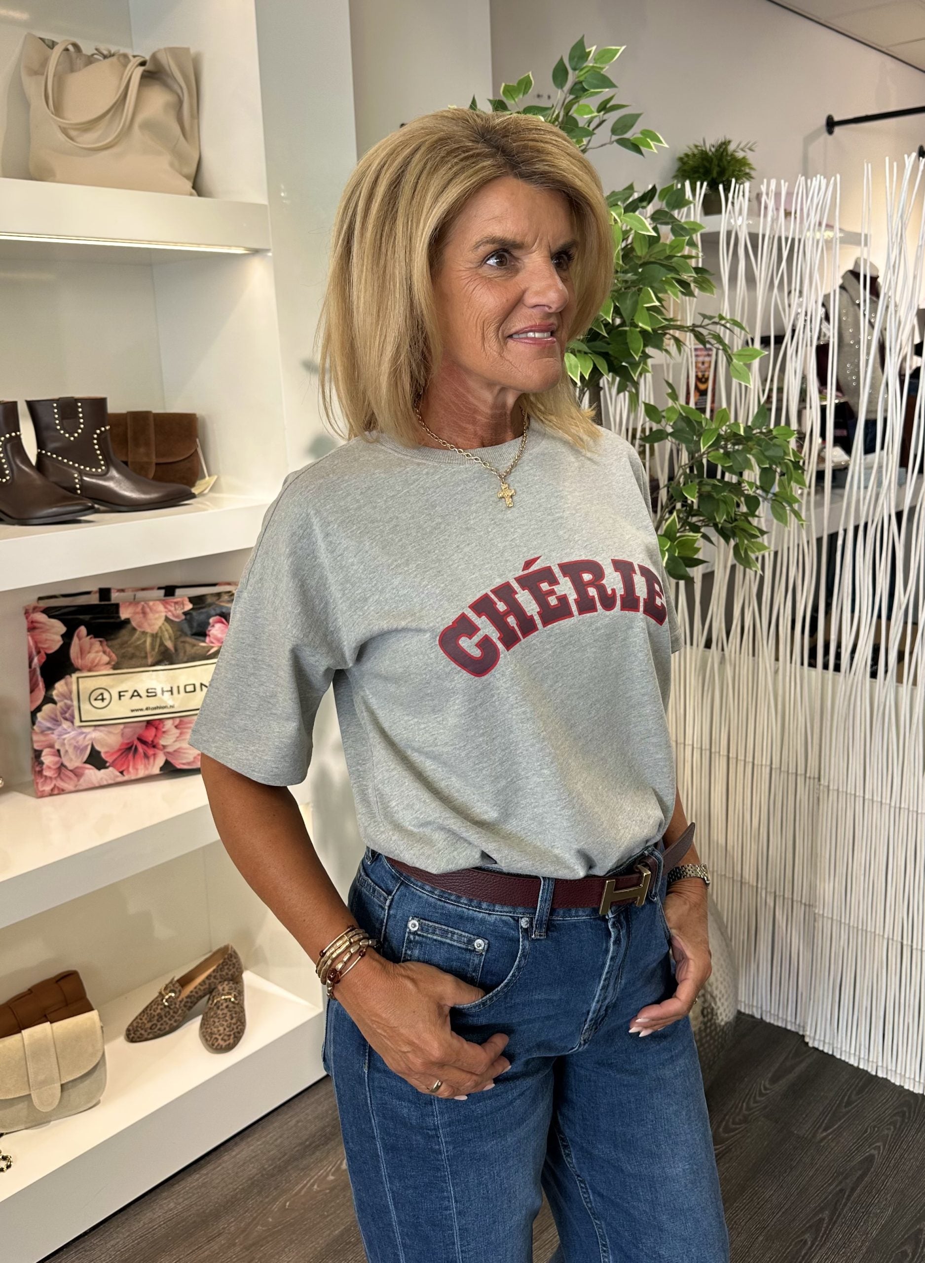 Freequent Carol Tee med. grey melange w. port royale burgundy