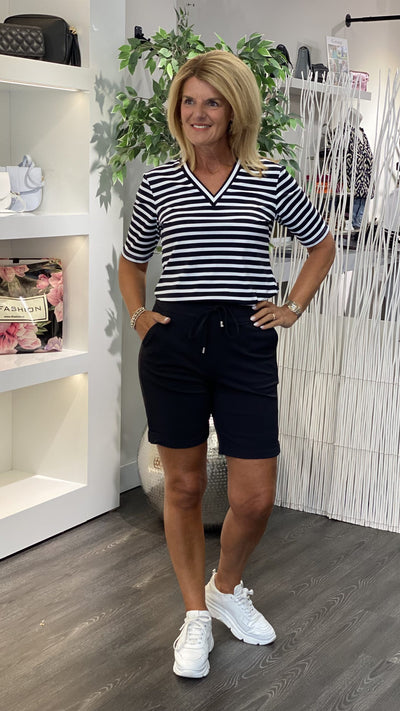 Mi Piace Travelstof Top V-Hals zwart offwhite stripe 202271