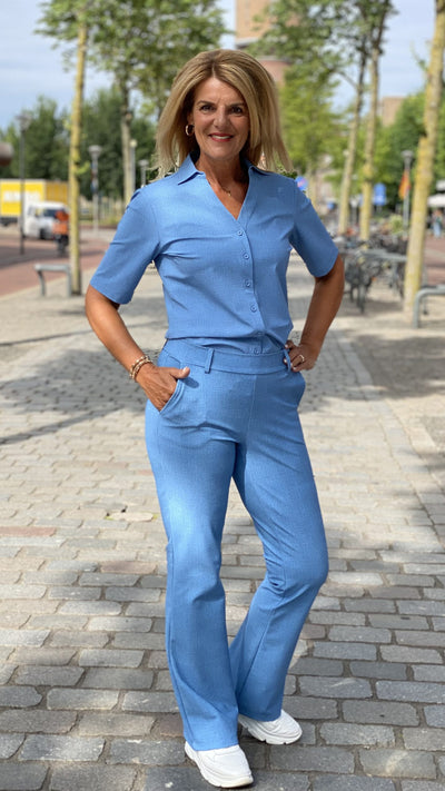 Mi Piace Travelstof Blouse Korte Mouw light blue denim print 202603