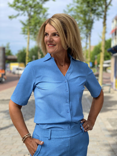 Mi Piace Travelstof Blouse Korte Mouw light blue denim print 202603