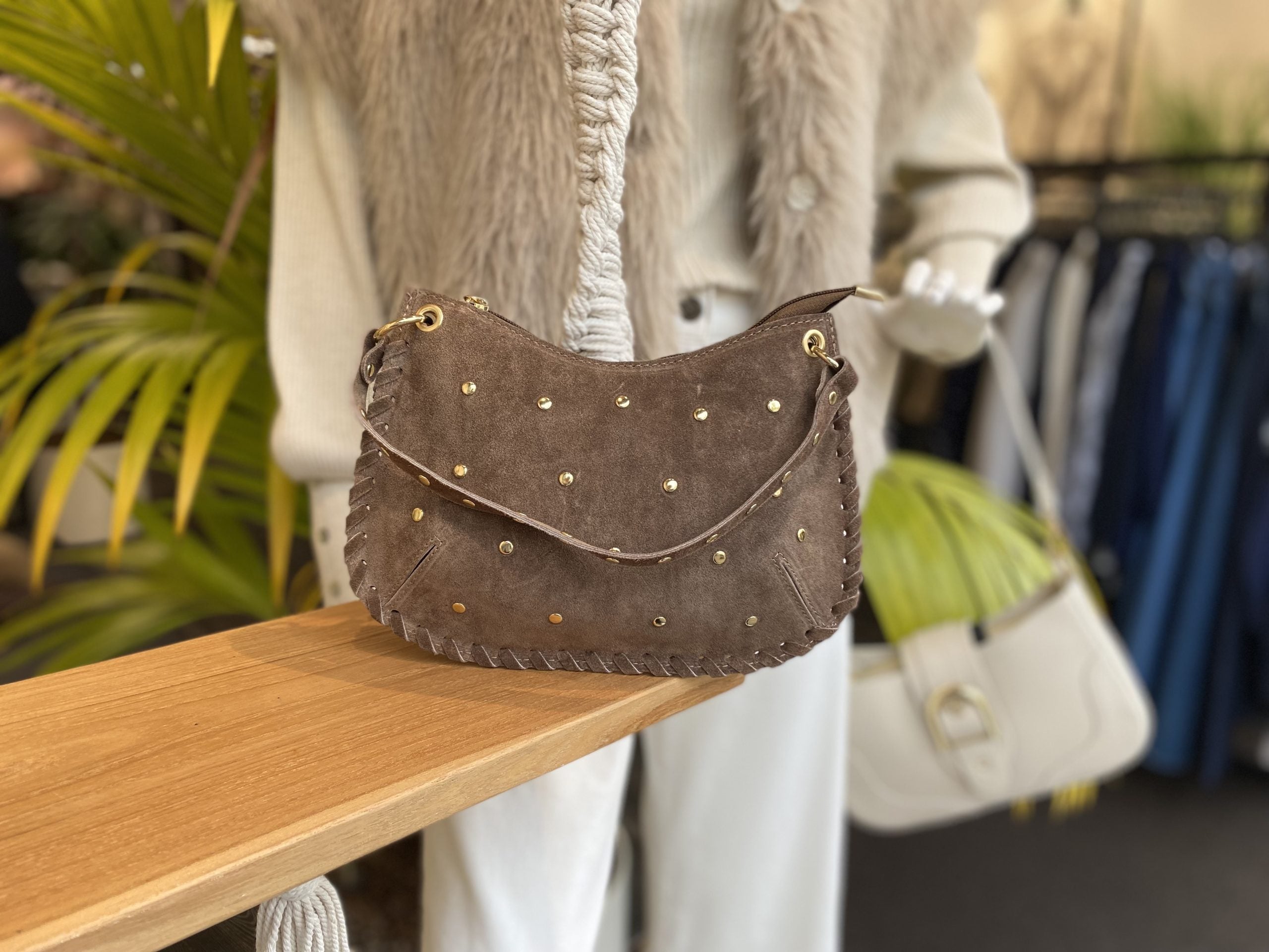 Casey Tas Studs Suede Taupe/Goud T304