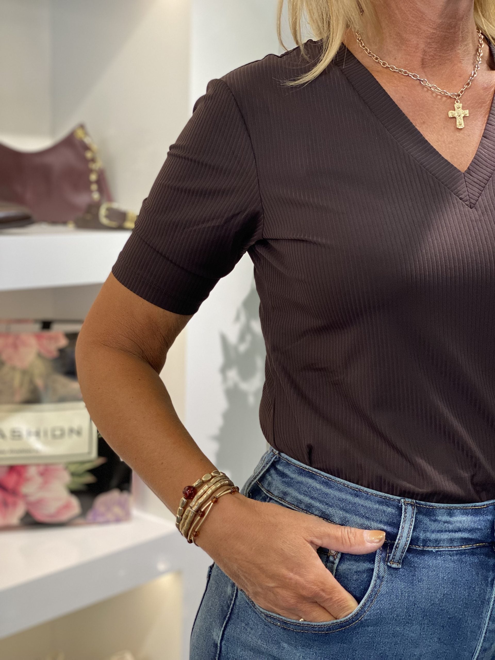 Mi Piace Travelstof Top V-hals 202644 espresso