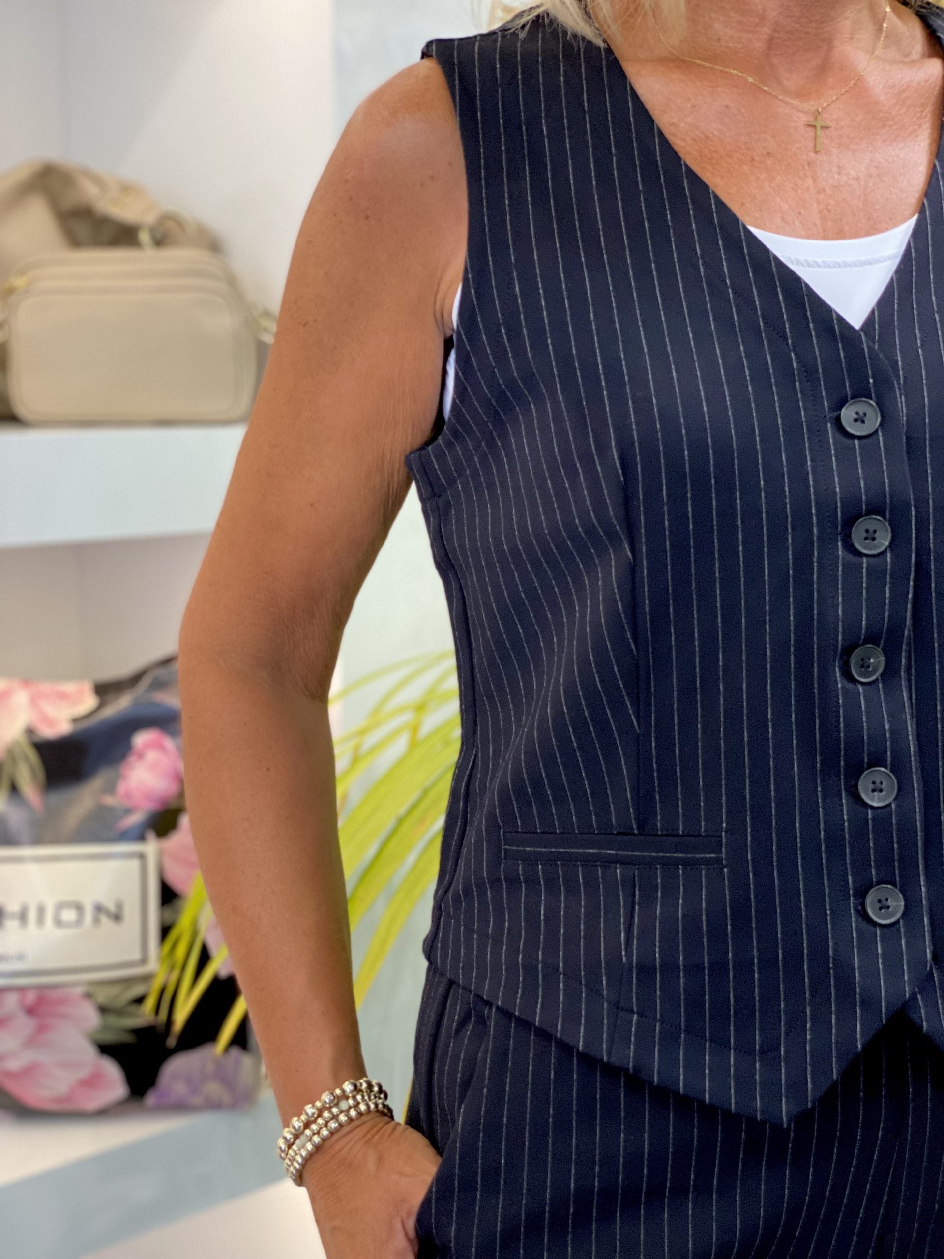 Red Button Gilet Punta Pinstripe Krijtstreep zwart