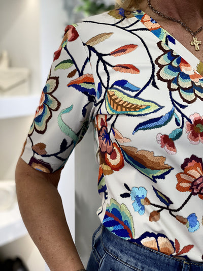 Mi Piace Travelstof Top Shirt V-Hals 202271 embroidered bloom print