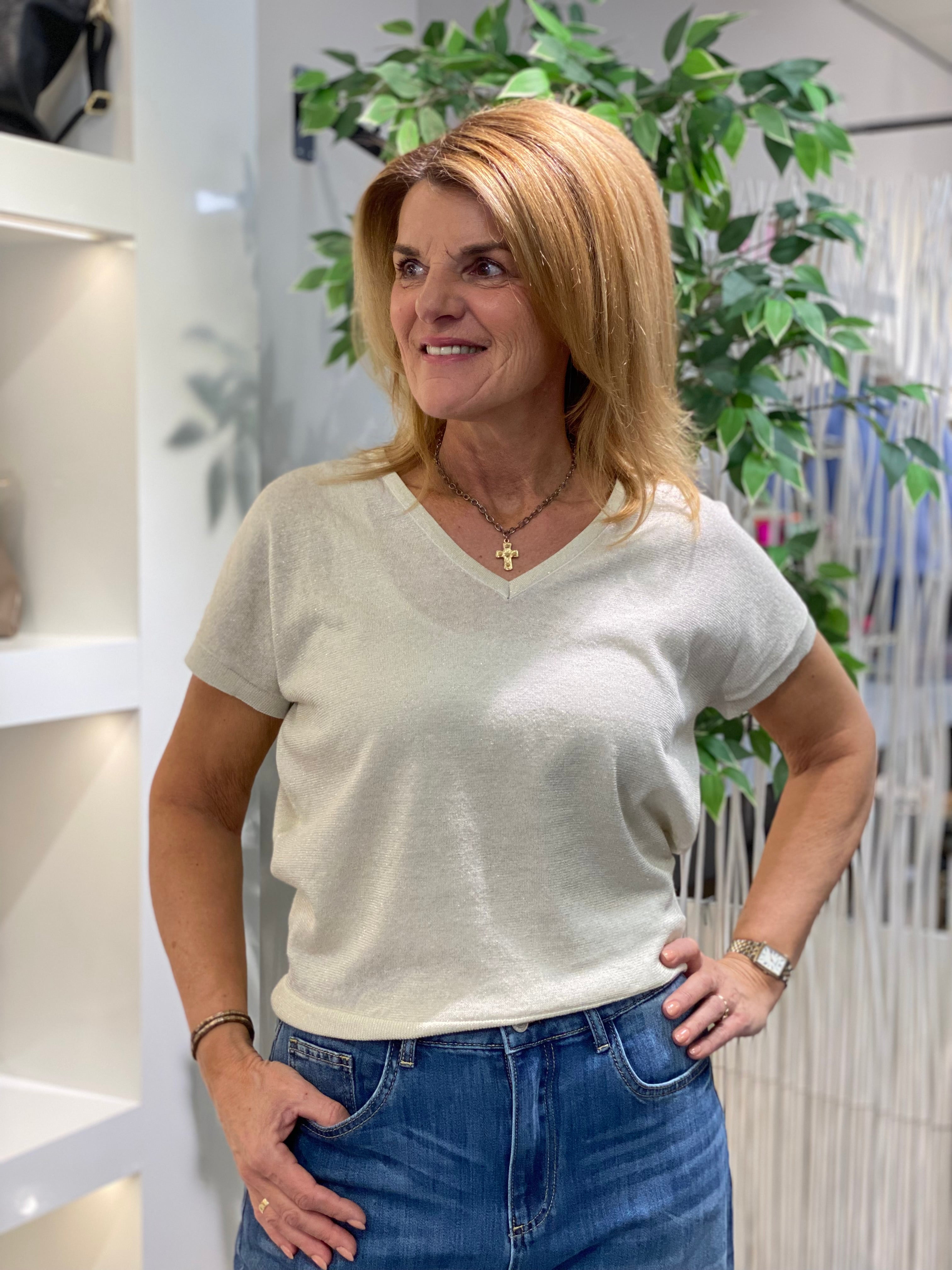 Red Button Jerry Sparkle Top pearl